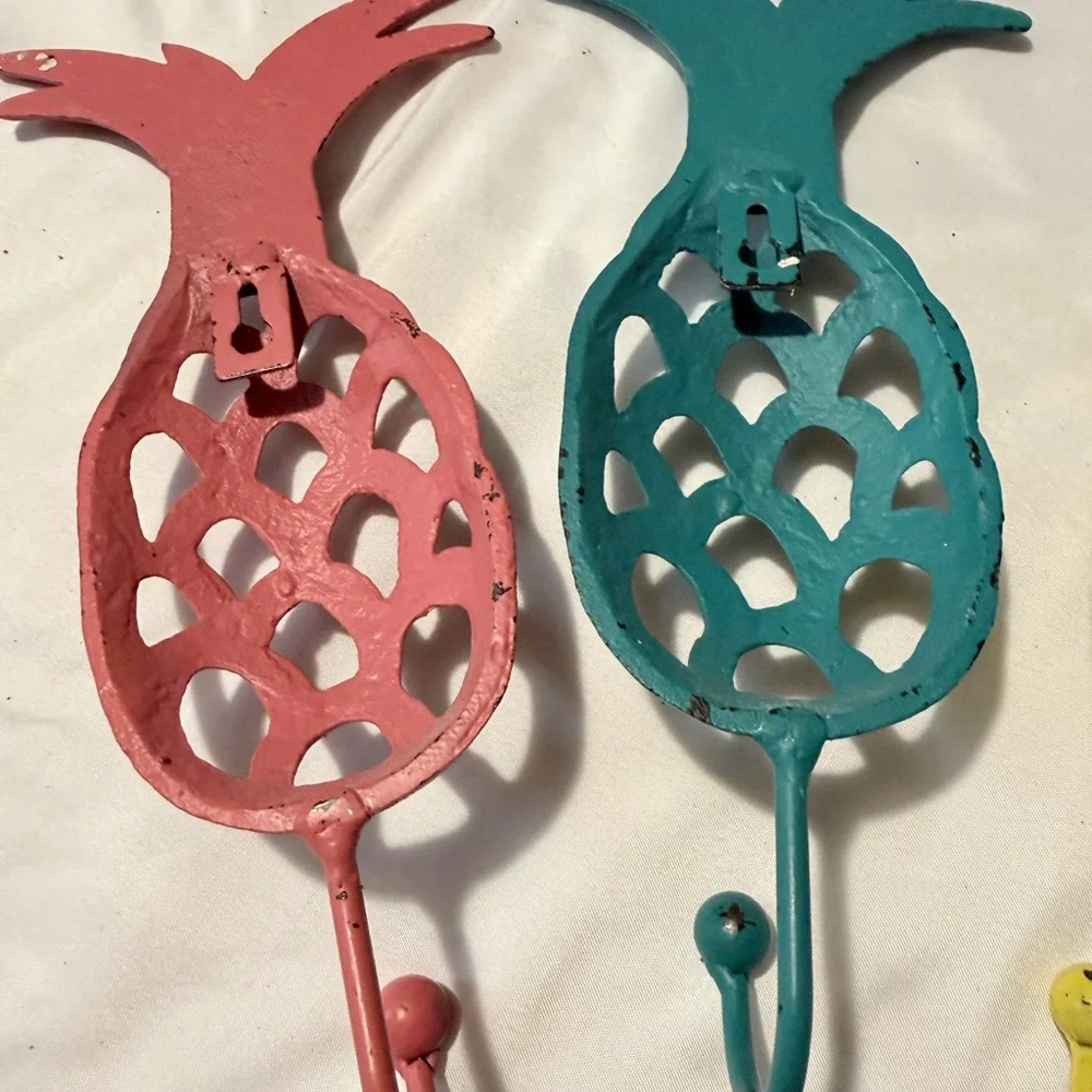 Vintage Cast Iron Tropical Yellow Green And Pink Pineapple Hooks 10”H x 5”W 4pcs